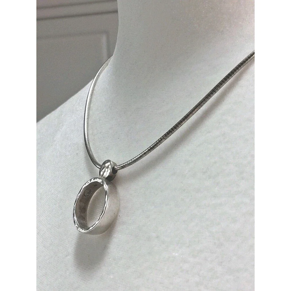 925 Sterling Silver Hammered Circle Pendant Necklace Italian Snake 16